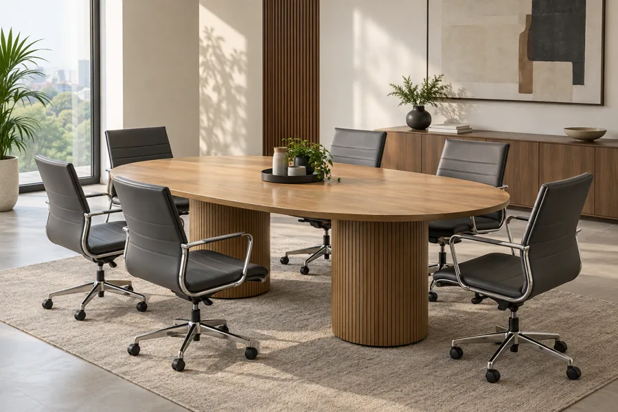 Six-seat oak oval meeting table
