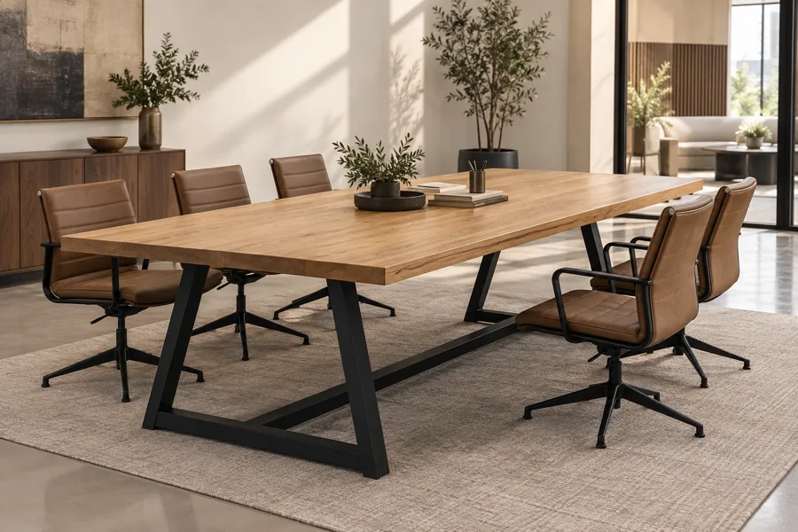 Long oak table on black trestle base