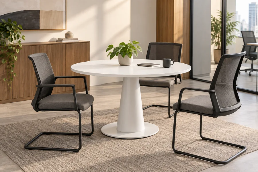 Compact white circular collaboration table