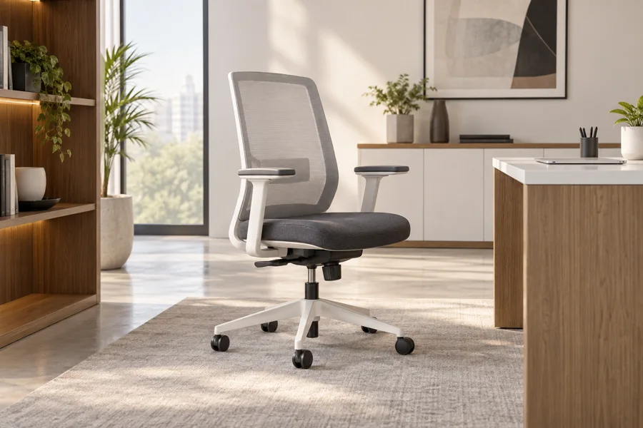 White frame task chair with charcoal seat