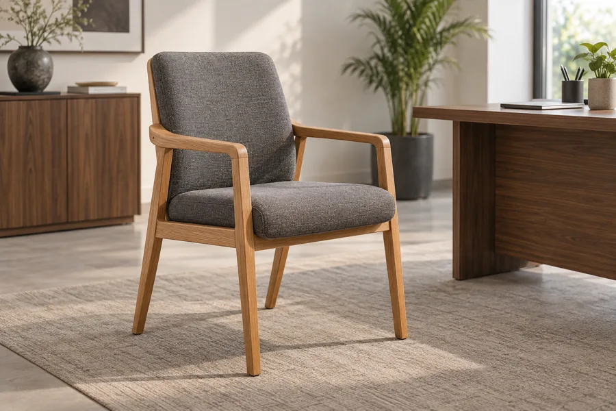 Oak-tone visitor chair with grey upholstery