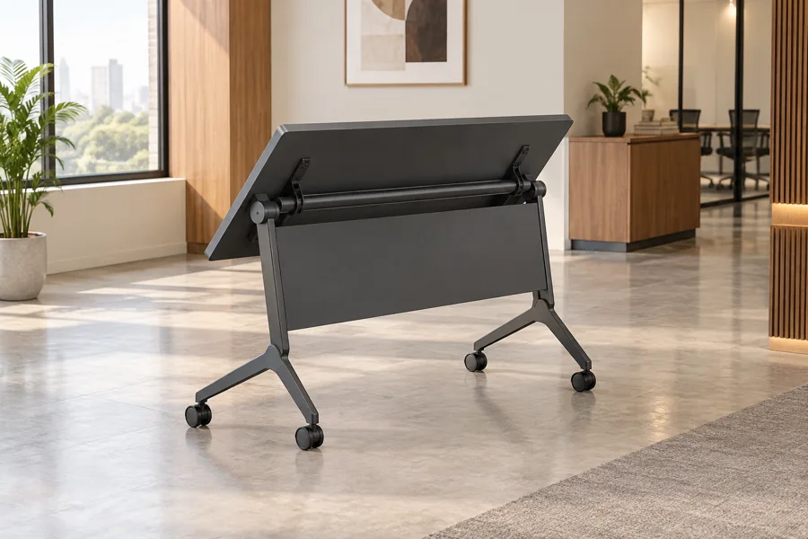 Folding charcoal training table shown half folded