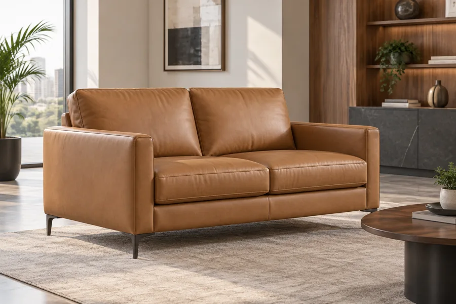Two-seat tan leather sofa