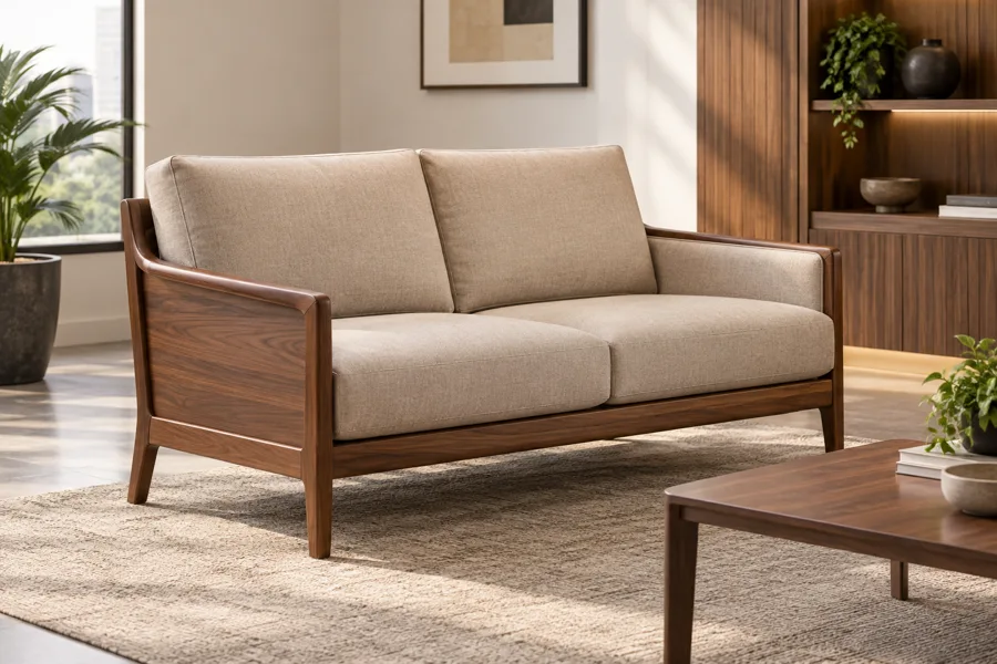 Walnut-frame beige two-seat sofa