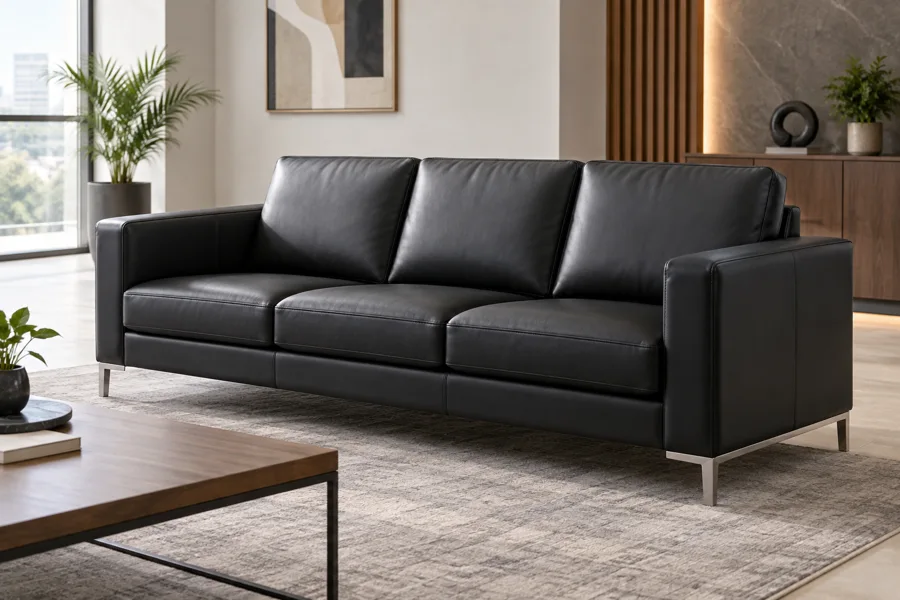 Black leather three-seat office sofa