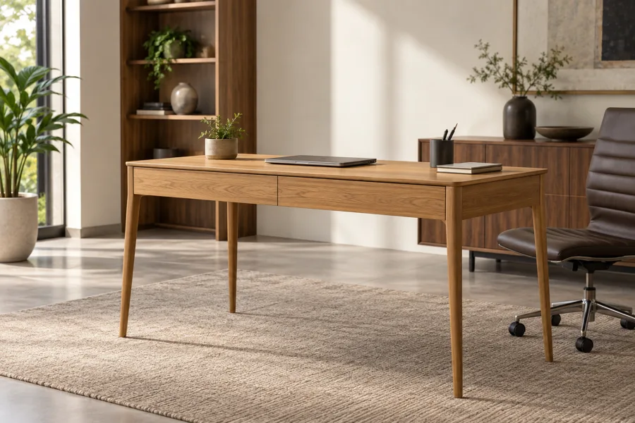 Slim oak writing desk with tapered legs