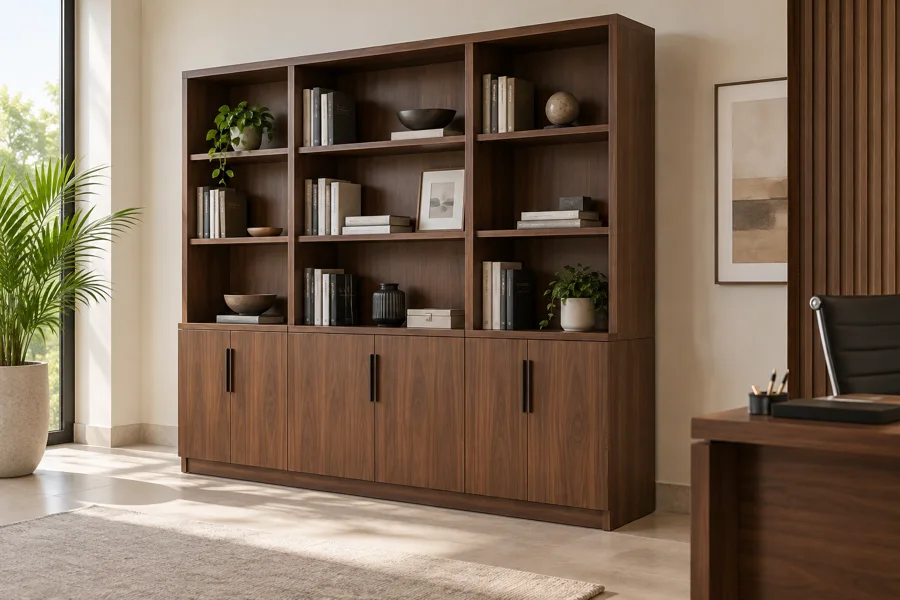 Walnut bookshelf with closed lower cupboards