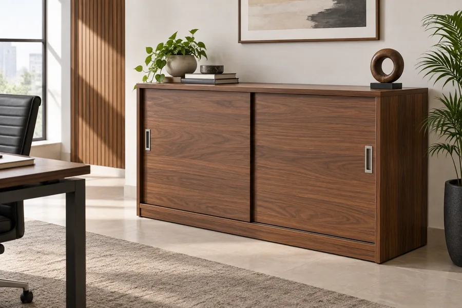 Walnut sliding-door storage cabinet