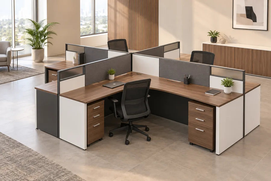 L-shaped four-person cubicle workstation